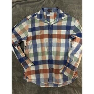 Tommy Bahama Mens Large Plaid Button Down Shirt Blue Orange Casual Cotton L/S